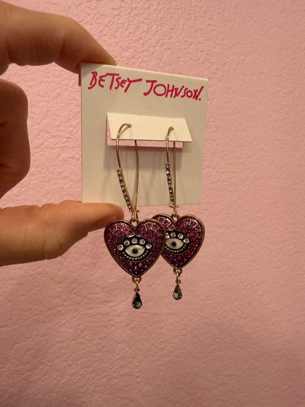Betsey Johnson Hot Pink Heart Eye Drop Dangle Earrings